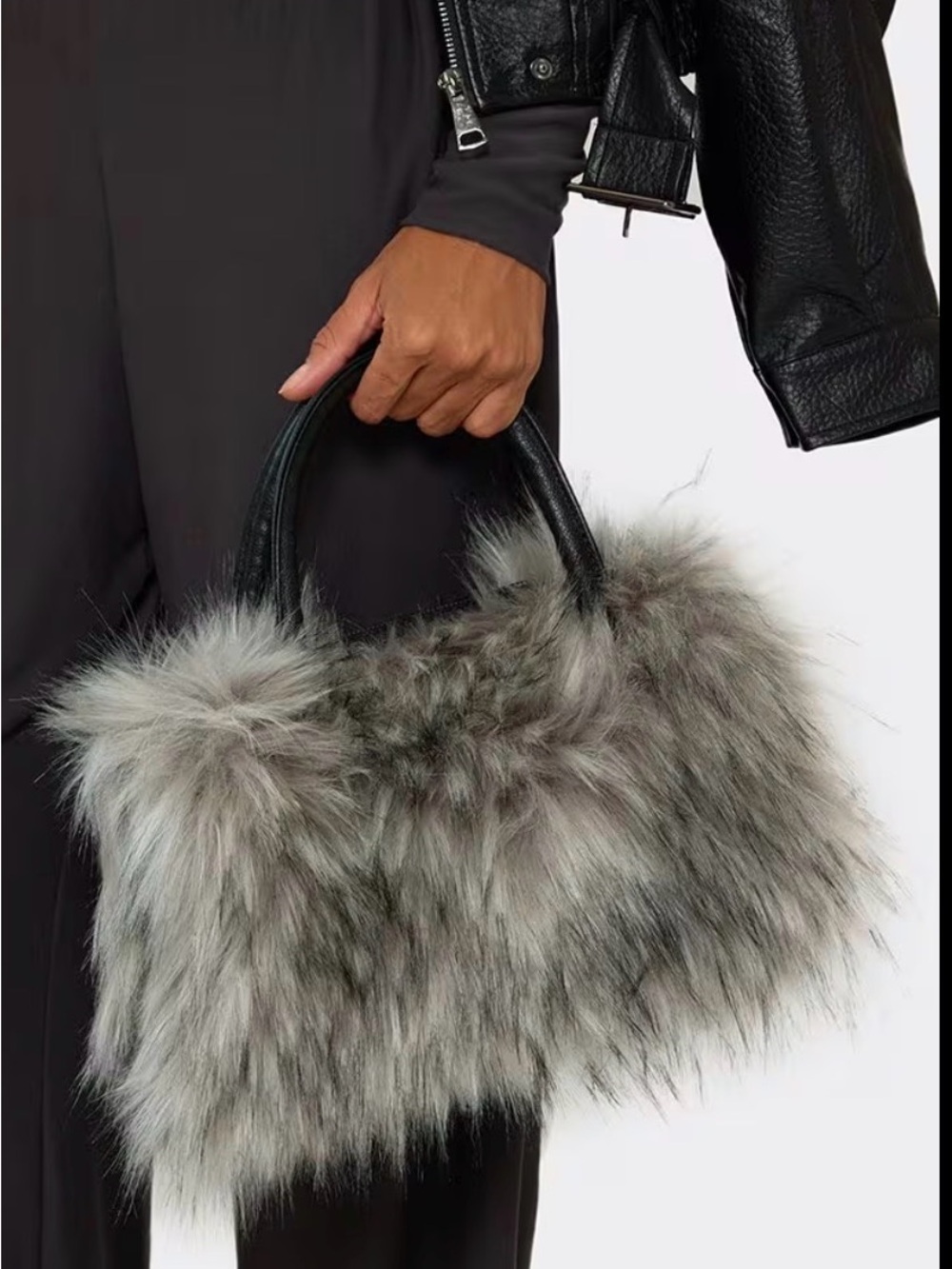 Plush Grey Faux Fur Tote with Black Handles